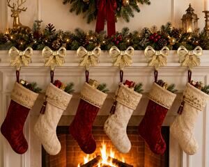 The Christmas Shoppe Gold Bow Stocking Holders Set of 6 NWT